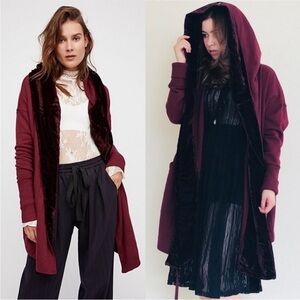 Free People Red Westwood Velvet Trim Hooded Long Cardigan Oversized Slouchy XS